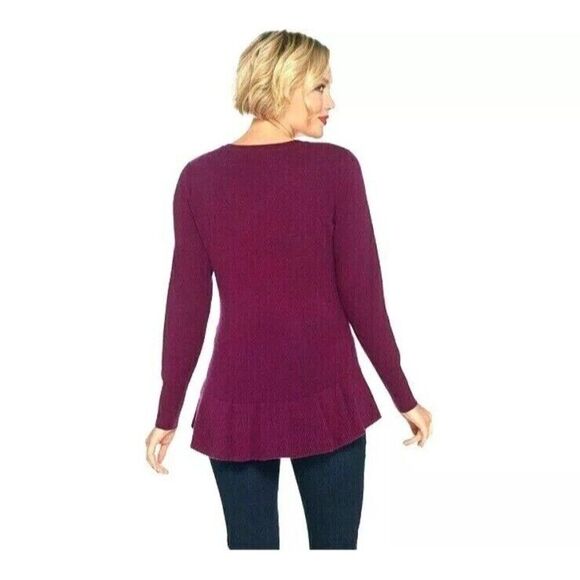 Isaac Mizrahi 2 Ply Cashmere Peplum Sweater Vivid Plum LG - Picture 7 of 8